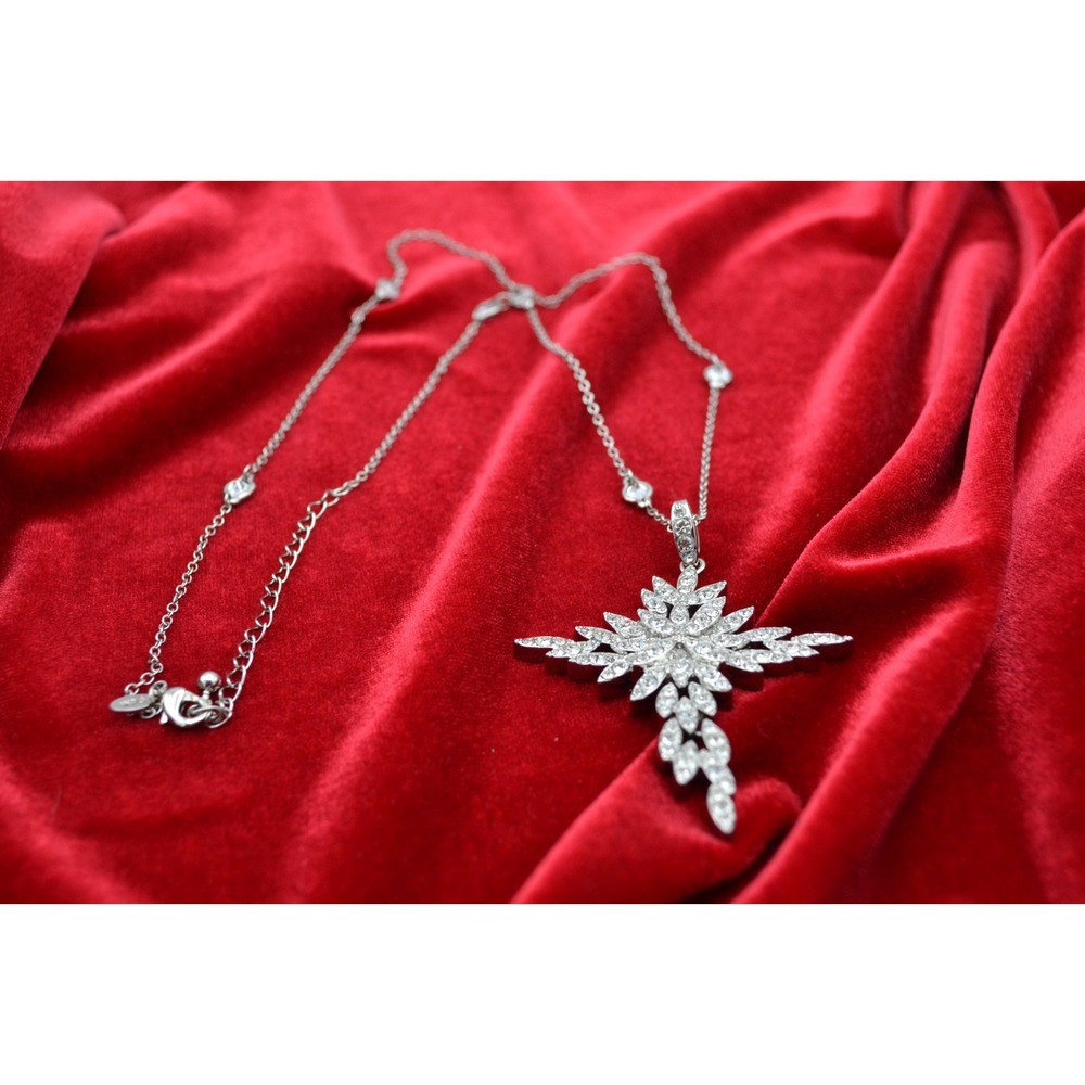 Silver Tone Crystal Snowflake Starburst Pendant Necklace Statement